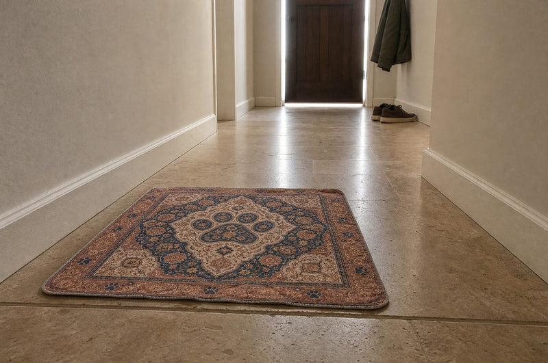 An empty hallway seen from low down, a closed front 