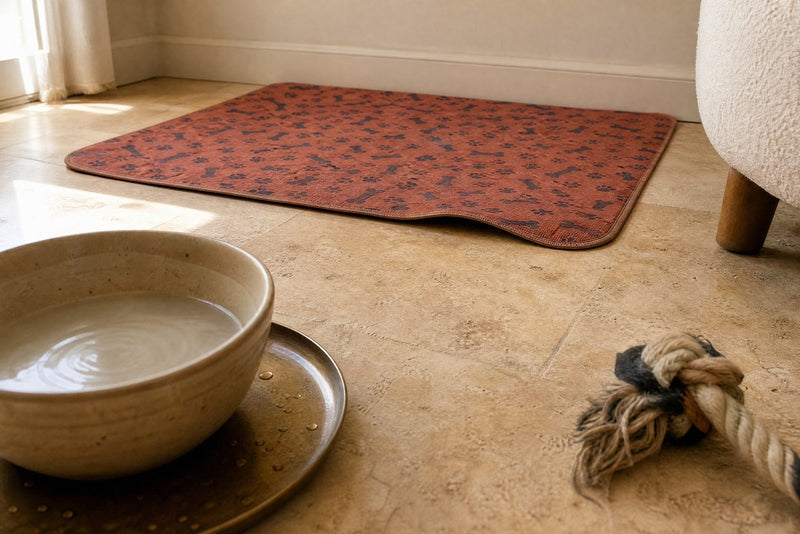 A stoneware water bowl close in the foreground, a pee pad 