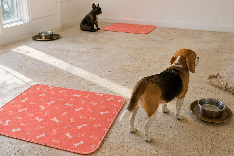 Two pee pads placed well apart in one room, a beagle 