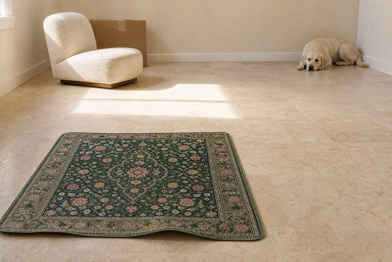 A sparsely furnished room with an unopened box against the 