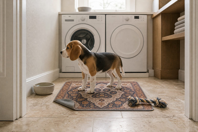 A beagle puppy standing on a paw-medallion washable pee pad on a laundry room floor, photographed from floor level so the pad's thin edge shows, one corner turned back, a rope toy beside it.