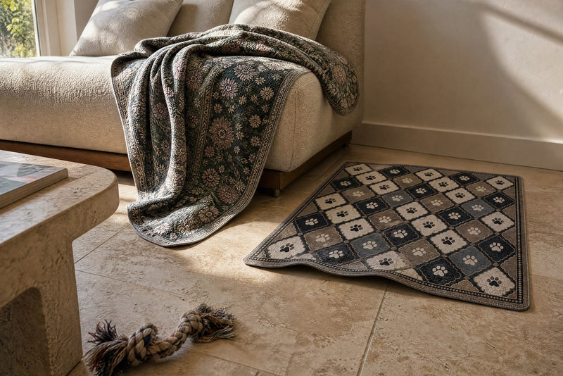 A living room from floor height: a wool throw left 