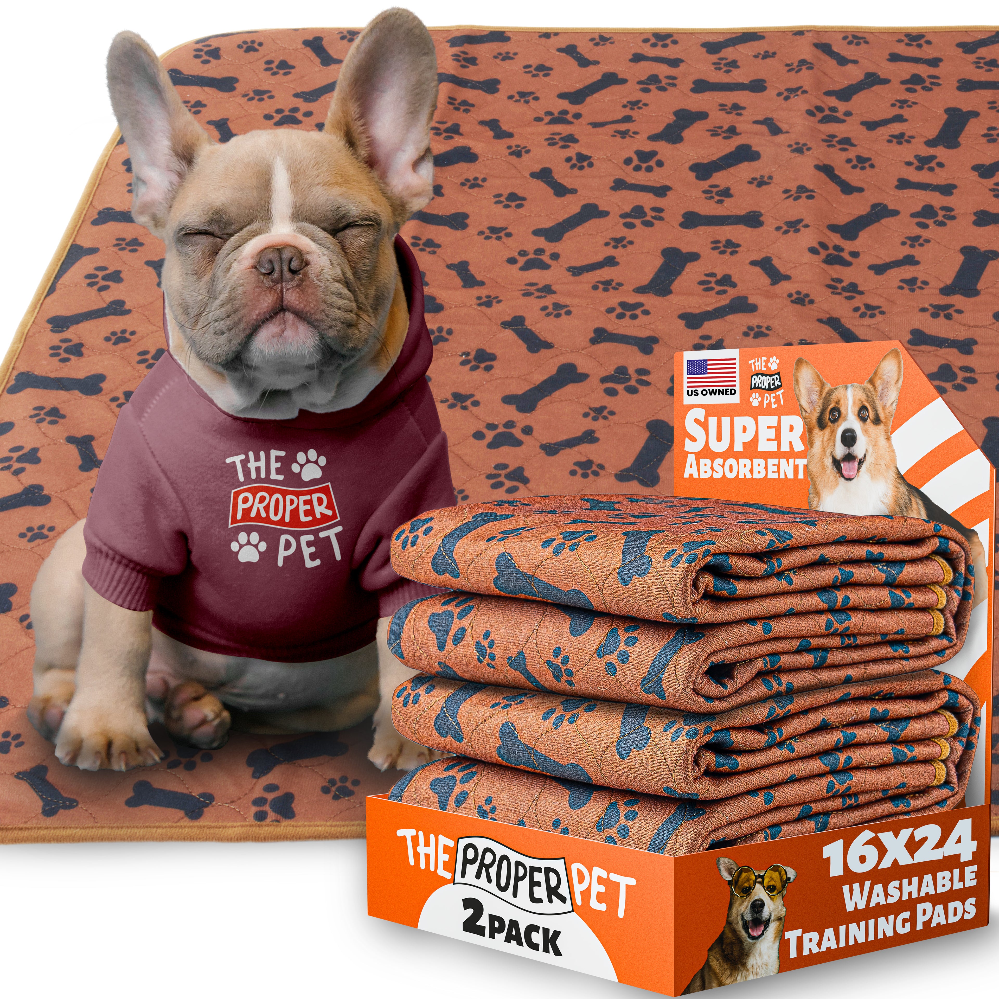 The Proper Pet washable pee pad, brown bones and paws print, 16x24 inch, retail 2-pack