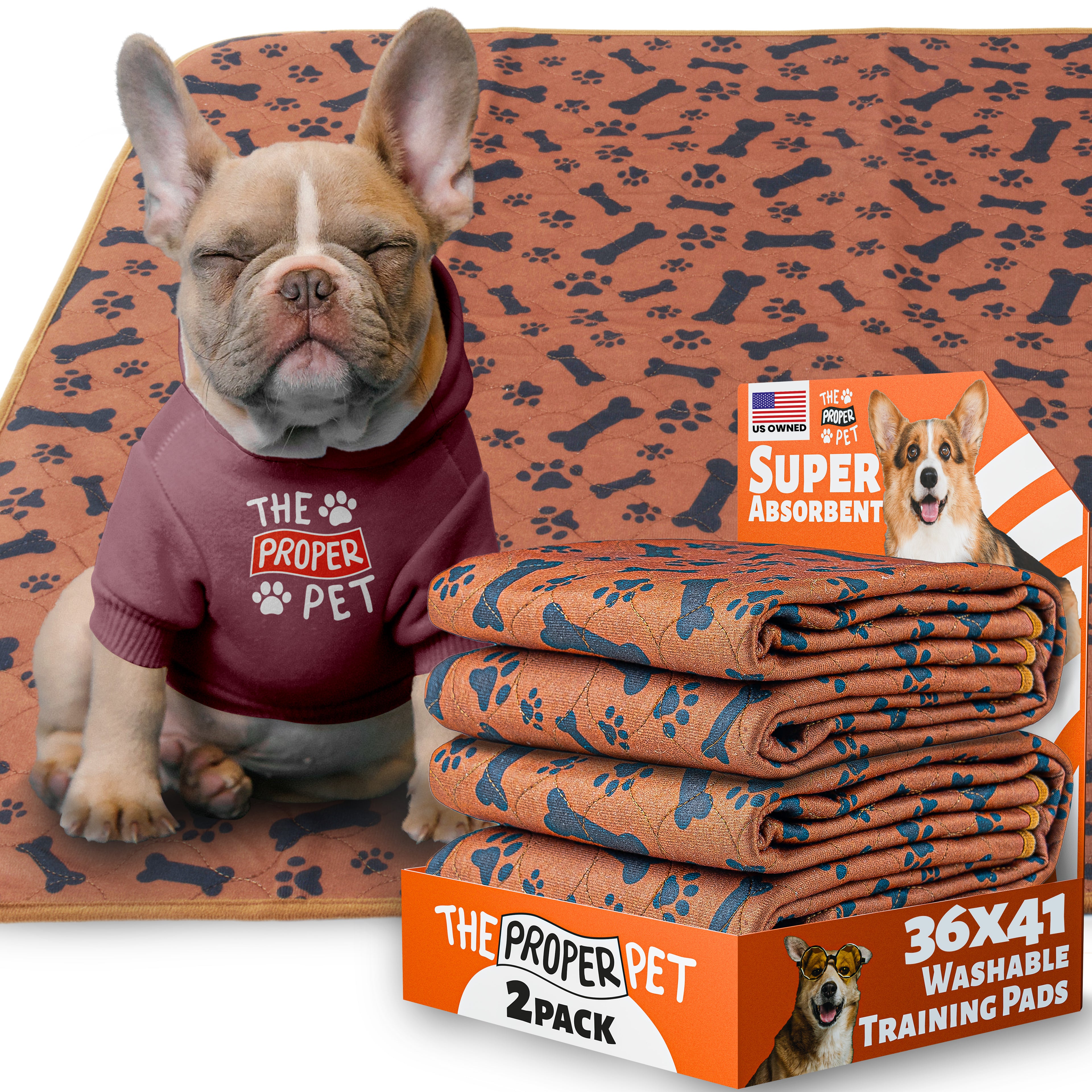 The Proper Pet washable pee pad, brown bones and paws print, 36x41 inch, retail 2-pack