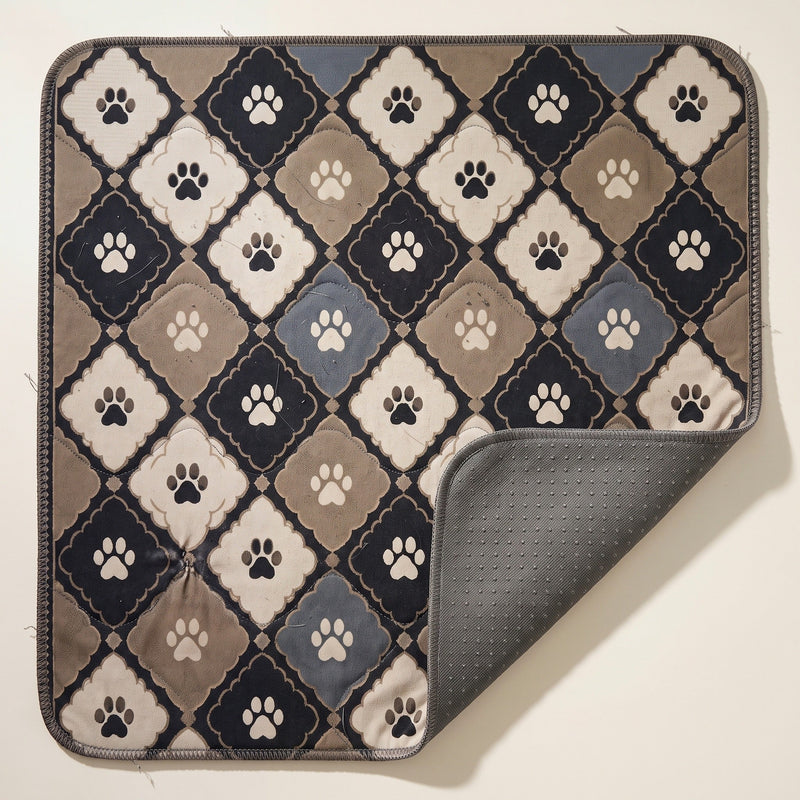 Charcoal Trellis washable pee pad, diamond trellis with a paw in each diamond, one corner turned