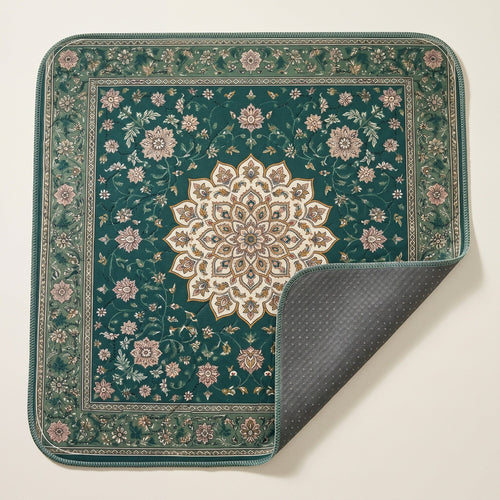 Forest Medallion washable pee pad, deep green with a floral medallion, one corner turned to show the grey underside