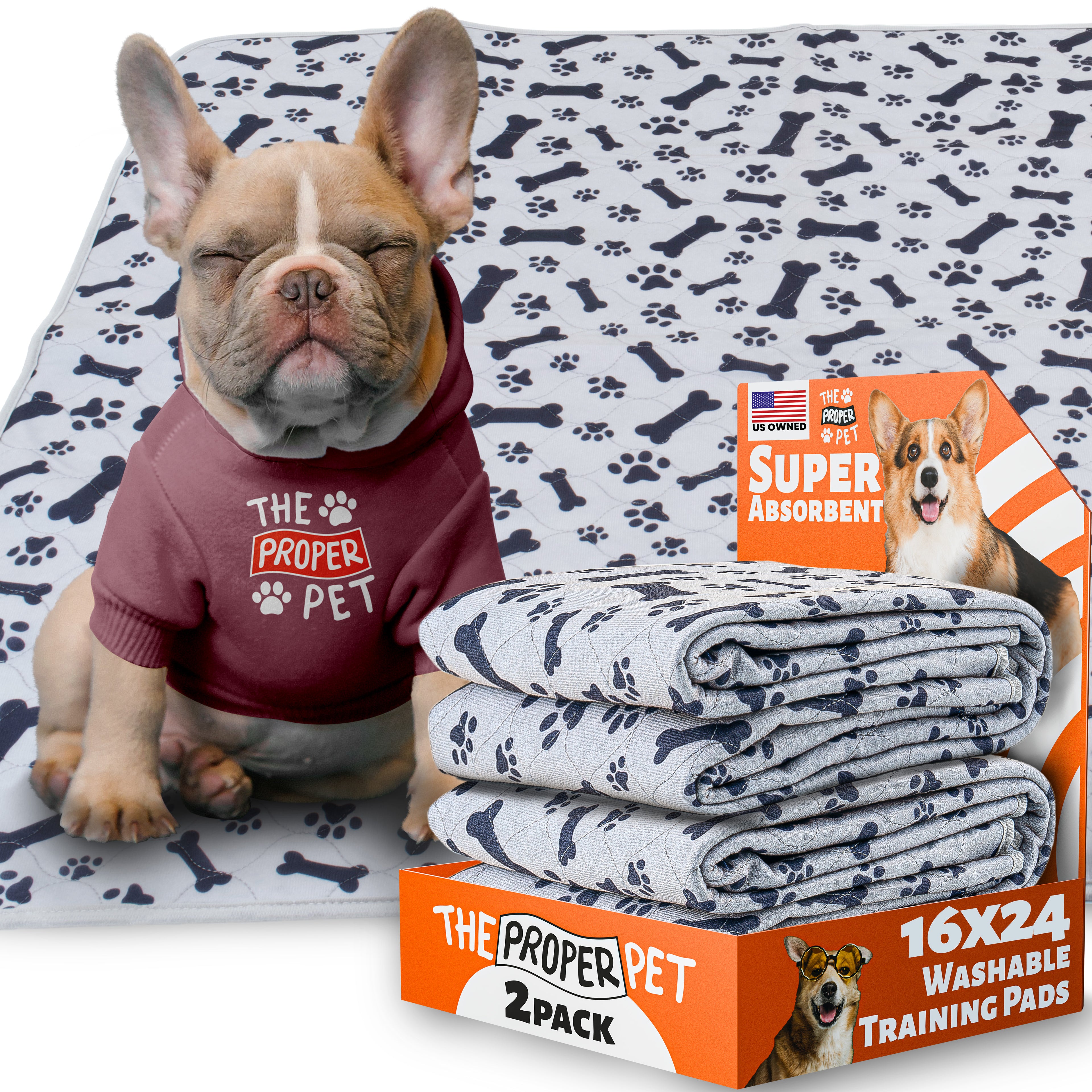 The Proper Pet washable pee pad, grey bones print, 16x24 inch, retail 2-pack