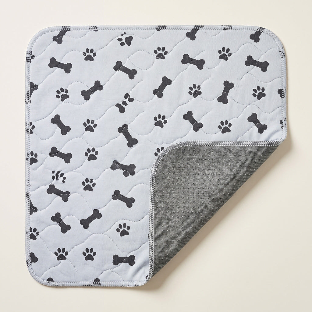 Grey Bones washable pee pad, one corner turned back to show the silicone-dot underside