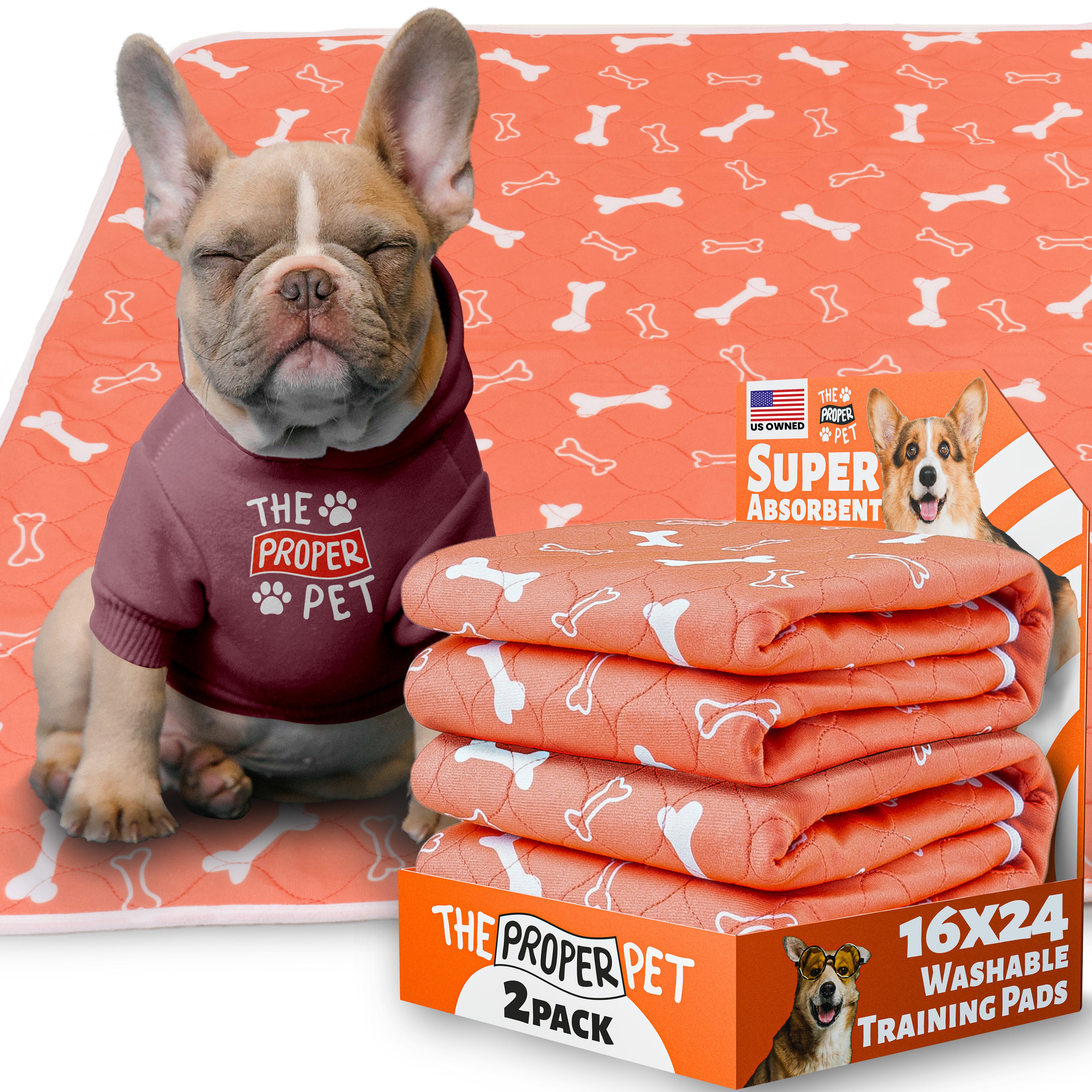 The Proper Pet washable pee pad, orange bones print, 16x24 inch, retail 2-pack