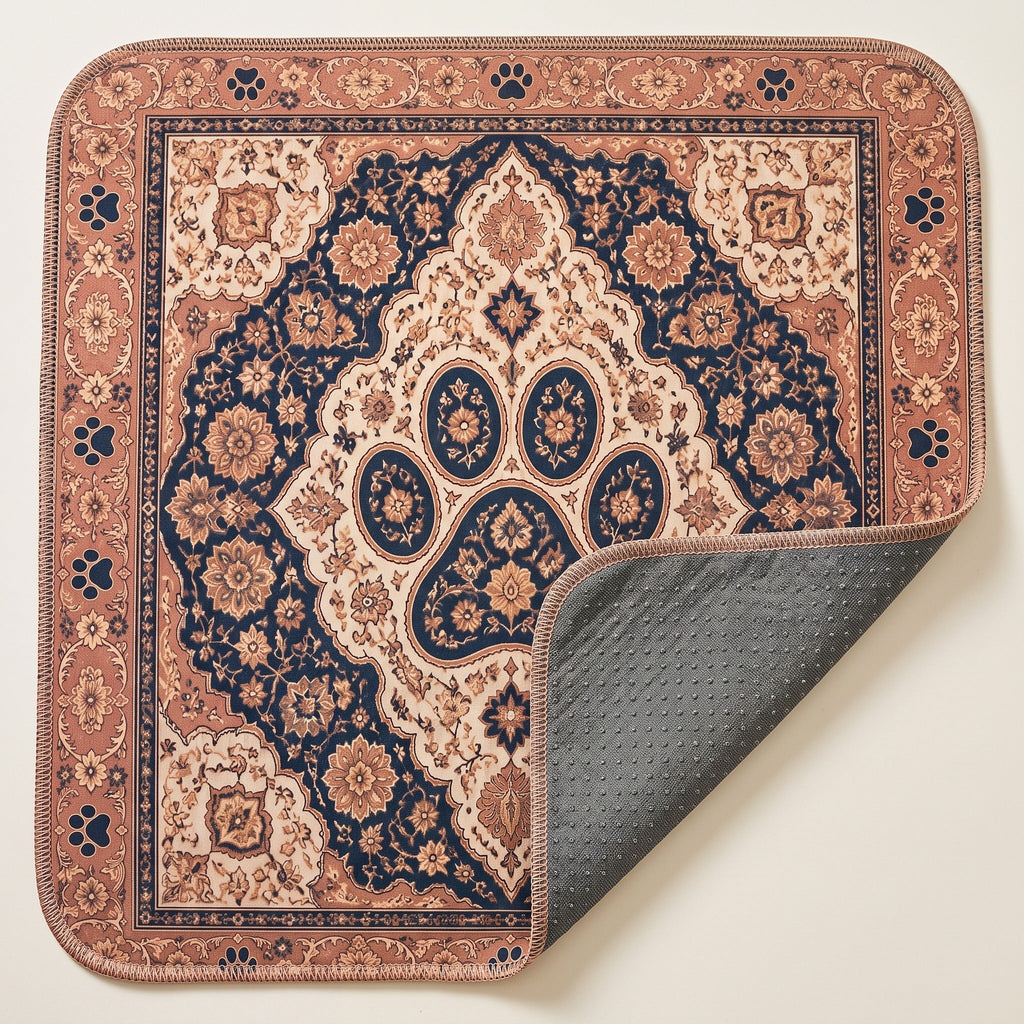 Paw Medallion washable pee pad, navy centre with a paw-shaped medallion and terracotta border, one corner turned