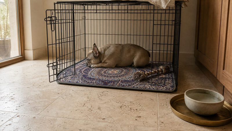 A French bulldog lying on a navy Persian-print washable pee pad inside an open wire crate, a water bowl on the stone floor beside it
