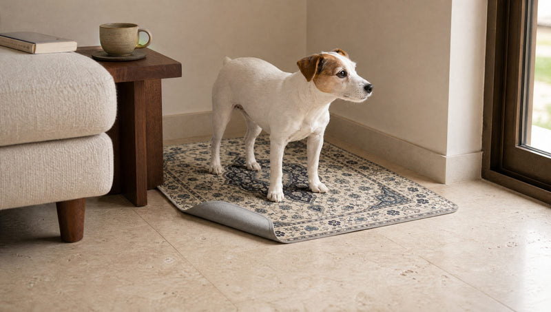 A Jack Russell terrier standing on a cream Persian-print washable pee pad in a room corner, its near corner turned back to show the grey grip-dot underside.