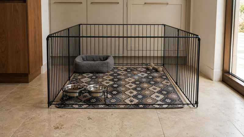 A wire puppy playpen lined edge to edge with a dark patterned washable pee pad, a dog bed and two feeding bowls standing on it