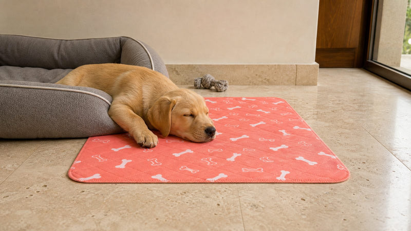 A yellow Labrador puppy asleep with its head on a coral bone-print washable pee pad laid beside a grey dog bed