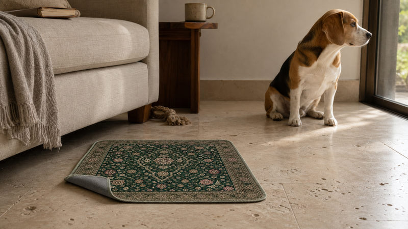 A green Persian-print washable pee pad on the floor beside a sofa, its near corner turned back to show the grey grip-dot underside, a beagle sitting a short way off