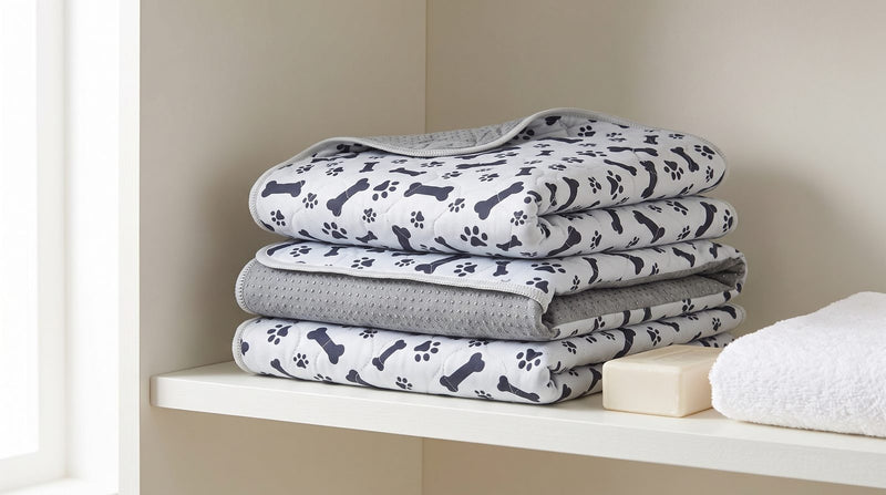 Three folded washable pee pads stacked on a linen shelf, bone and paw prints on the top sheets, beside folded white towels