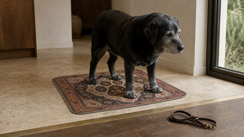 An older black Labrador standing on a red Persian-print washable pee pad by a window