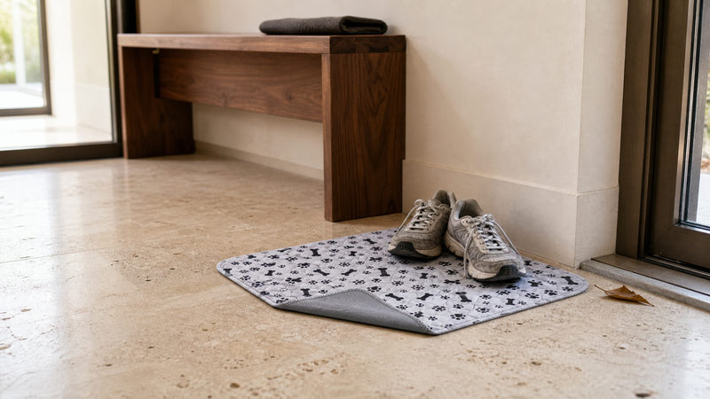 A paw-print washable pee pad by an entryway bench with a pair of trainers on it, the near corner turned back to show the grey underside