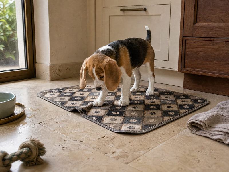 A labrador puppy on a washable pee pad seen from above, one corner lifted under its paw while the rest of the sheet stays put