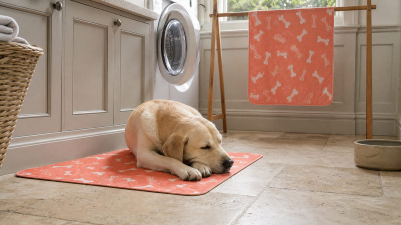 One washable pee pad on the floor with a small dog asleep on it and the second hanging over a drying rail behind