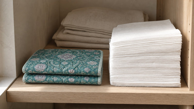 Two folded washable pee pads set on a linen-cupboard shelf beside folded towels of the same height